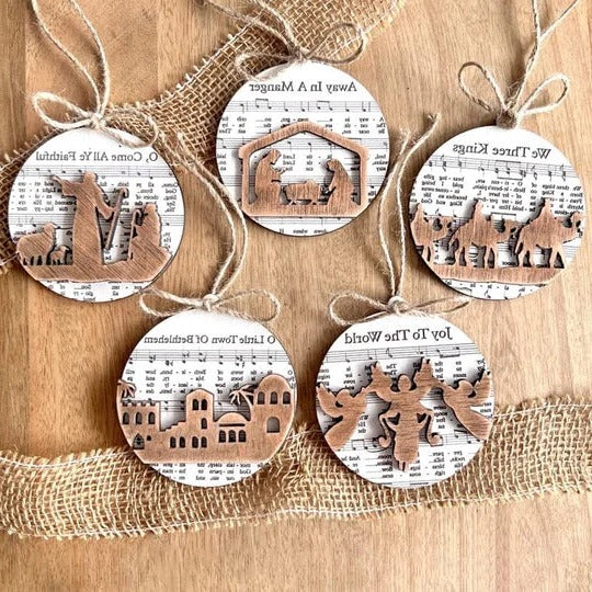 Belro nativity-themed music sheet ornament collection, decorative clothing accessory for men featuring festive holiday design.