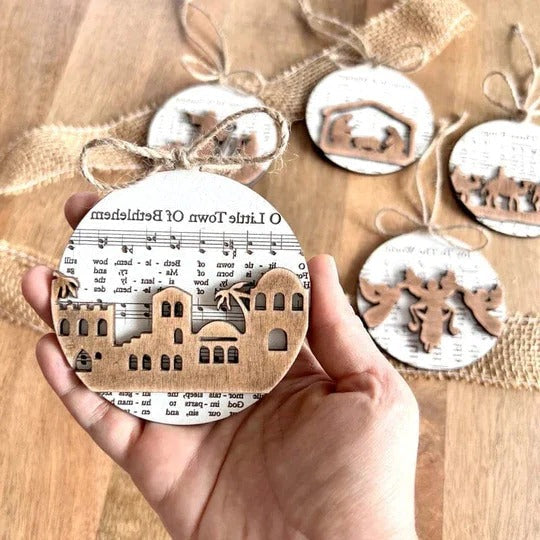 Belro nativity-themed music sheet ornament collection, decorative clothing accessory for men with festive nativity design.