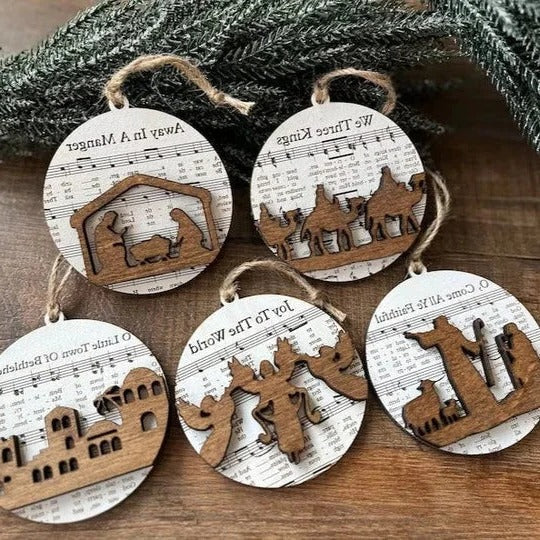 Belro Nativity-themed music sheet ornament collection, decorative clothing accessory for men featuring festive holiday designs.