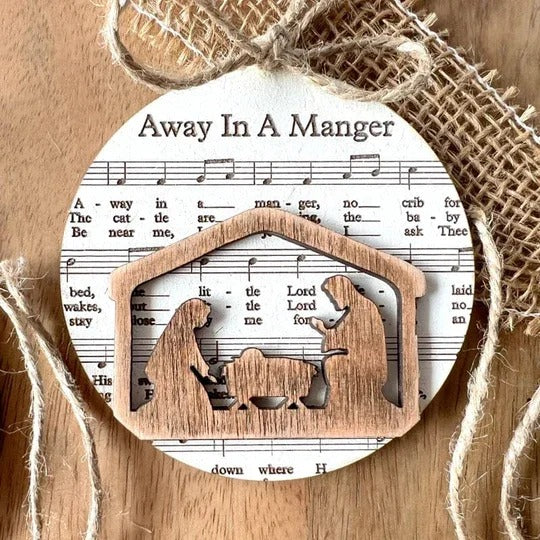 Belro nativity-themed music sheet ornament collection featuring festive designs, perfect for holiday decoration and clothing accessories.