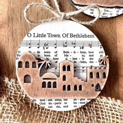 Belro nativity-themed music sheet ornament collection featuring festive designs, ideal for holiday clothing and Christmas decor.