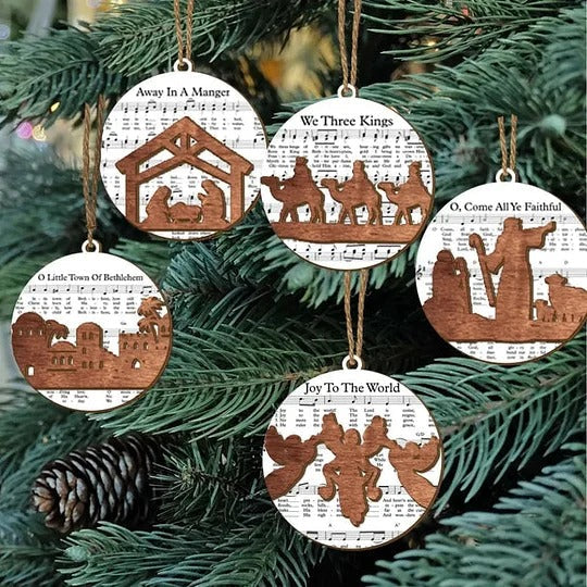 Belro nativity-themed music sheet ornament collection featuring detailed designs, perfect for holiday decor and Christmas celebrations.