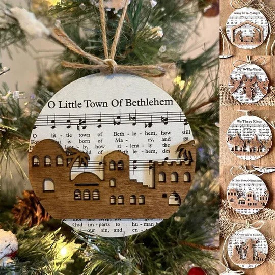 Belro nativity-themed music sheet ornament collection featuring detailed designs, perfect for holiday decoration.