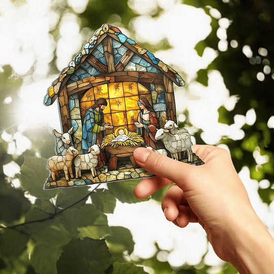 Colorful Belro nativity scene suncatcher featuring figures of Mary, Joseph, and baby Jesus for home and garden decor.