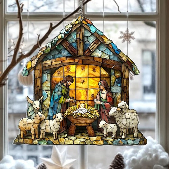 Belro nativity scene suncatcher featuring detailed figures of the nativity with a decorative glass design for home decor.