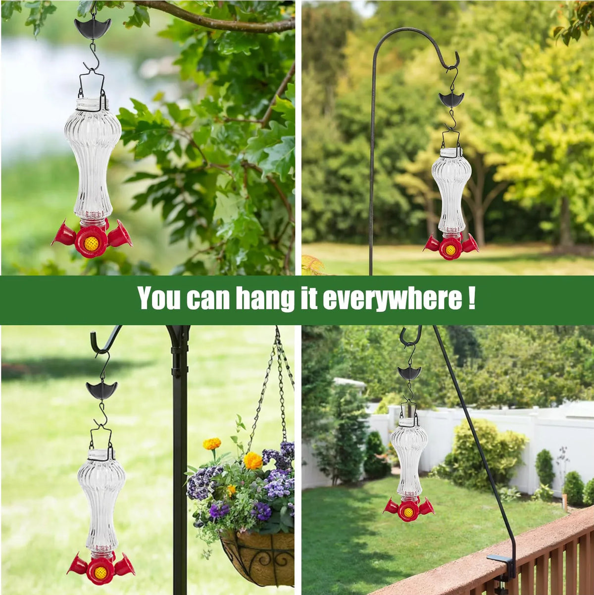 Belro Flowers Glass Hummingbird Feeder with Ant Moat, decorative garden decor featuring colorful glass flowers and a built-in ant barrier