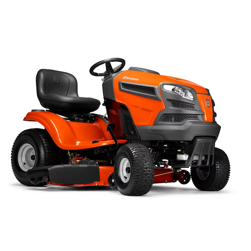 Husqvarna YTH22V46 46-inch lawn tractor with 724cc engine and mulching capability, shown in a garden setting.