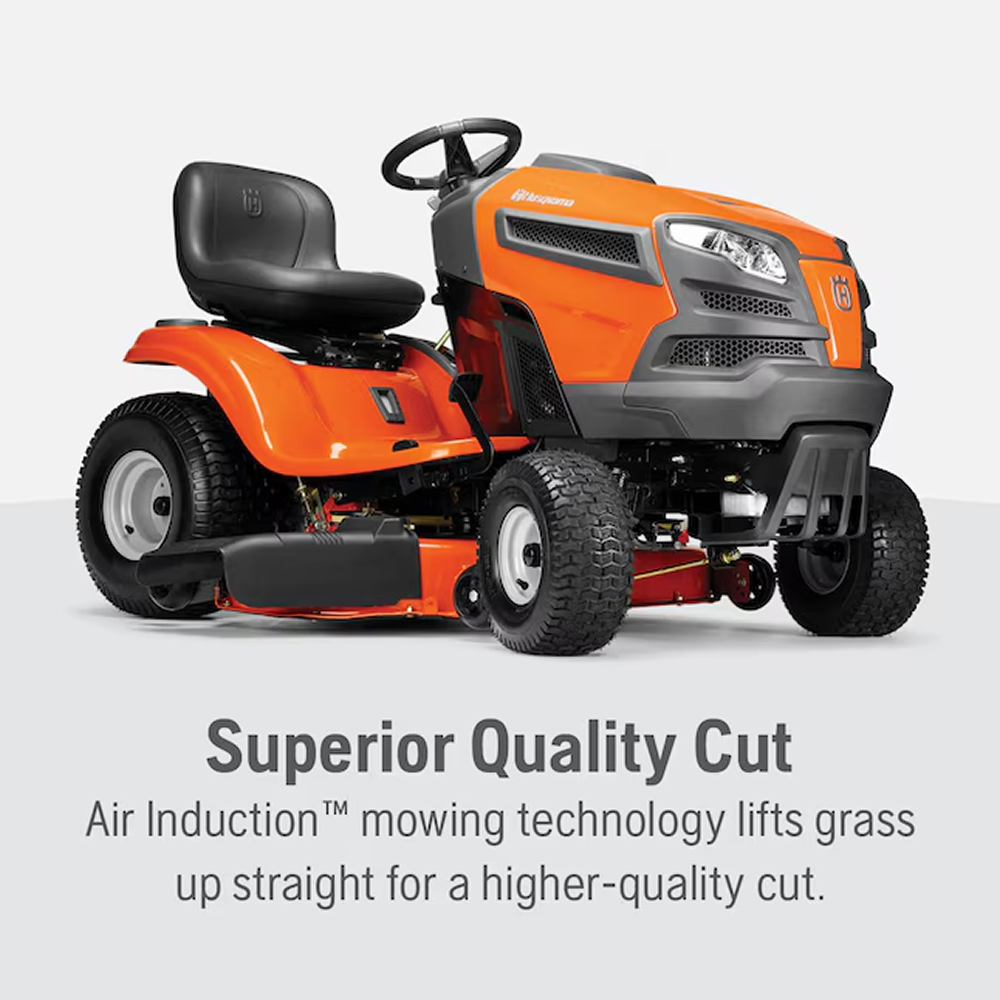 Husqvarna YTH22V46 46-inch lawn tractor with 724cc engine and mulching capability, shown in a lush green yard.