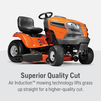 Husqvarna YTH22V46 46-inch lawn tractor with 724cc engine and mulching capability, shown in a lush green yard.