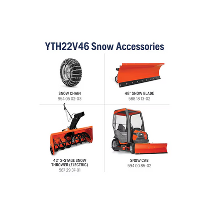 Husqvarna YTH22V46 lawn tractor with 46-inch cutting deck and 724cc engine, featuring mulching capability, shown in the image.