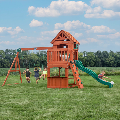 Casavibeo Atlantis wooden swing set with slide and play deck, featuring a sturdy frame and colorful accessories for outdoor fun
