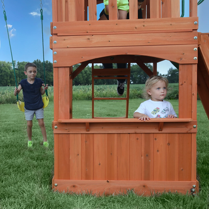 Casavibeo Atlantis wooden swing set with slide and play deck for children, featuring sturdy construction and outdoor play features.