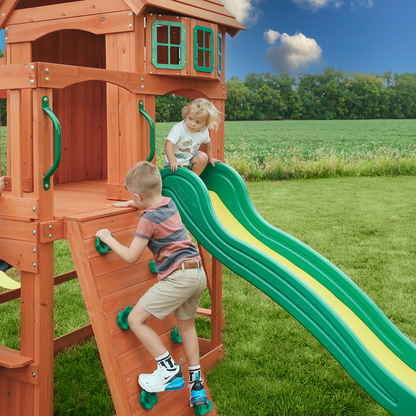 Casavibeo Atlantis wooden swing set featuring a slide, play deck, and sturdy construction for outdoor kids' play area