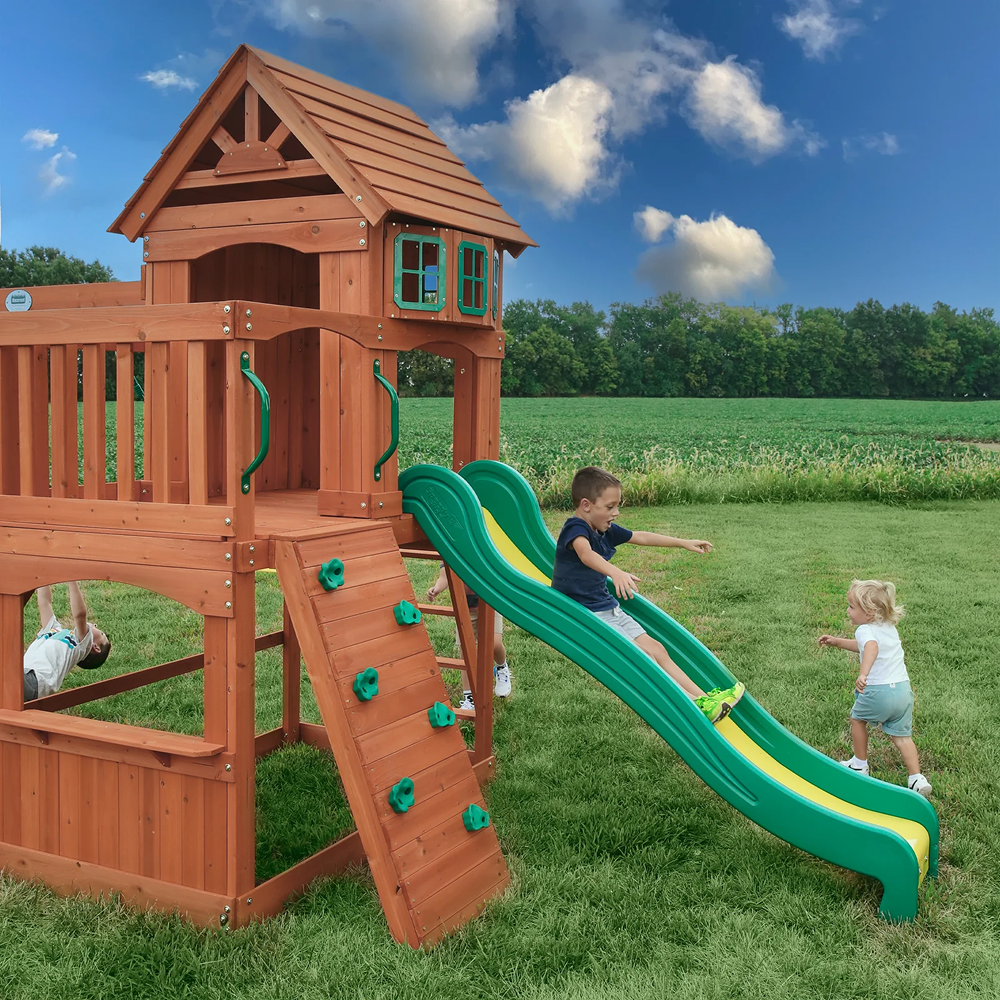 Casavibeo Atlantis wooden swing set with slide and play deck, outdoor kids' play equipment for backyard fun