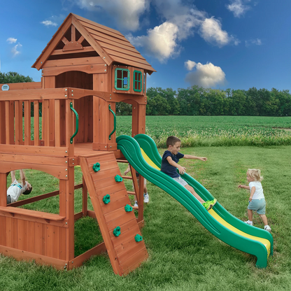 Casavibeo Atlantis wooden swing set with slide and play deck, outdoor kids' play equipment for backyard fun