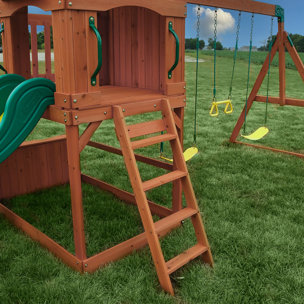 Casavibeo Atlantis wooden swing set featuring a slide, play deck, and sturdy construction for outdoor kids' play area