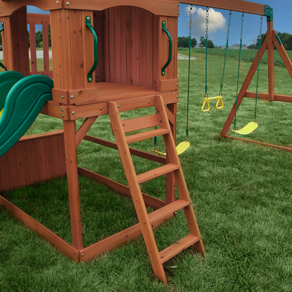 Casavibeo Atlantis wooden swing set featuring a slide, play deck, and sturdy construction for outdoor kids' play area