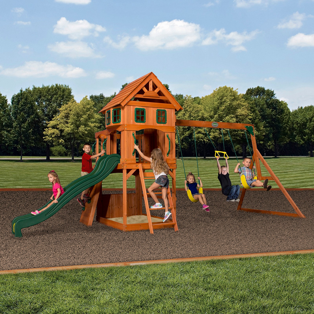 Casavibeo Atlantis wooden swing set featuring a slide, play deck, and climbing frame for outdoor kids' play area.