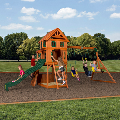Casavibeo Atlantis wooden swing set featuring a slide, play deck, and climbing frame for outdoor kids' play area.