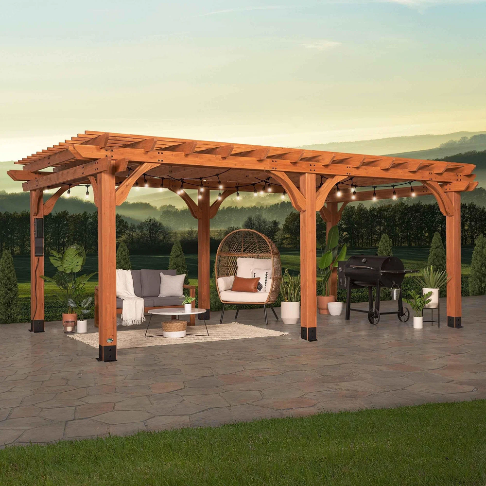Casavibeo Backyard Discovery 20x12 Beaumont Pergola showing wooden structure with open roof and sturdy posts in a backyard setting.