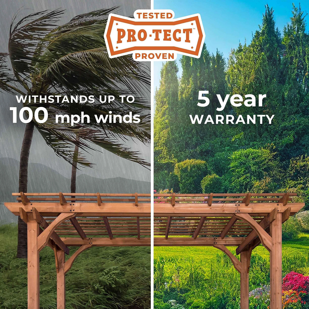 Casavibeo Backyard Discovery 20x12 Beaumont Pergola with wooden beams and lattice roof in a backyard setting