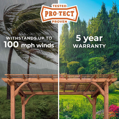 Casavibeo Backyard Discovery 20x12 Beaumont Pergola with wooden beams and lattice roof in a backyard setting