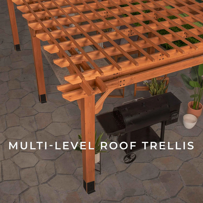 Casavibeo Backyard Discovery 20x12 Beaumont Pergola with wooden beams and open design for outdoor shade and relaxation.