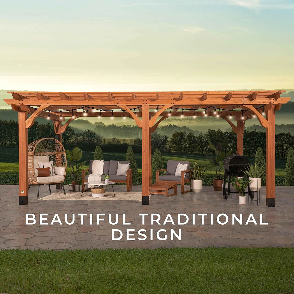 Casavibeo Backyard Discovery 20×12 Beaumont Pergola showing wooden structure with lattice roof and sturdy support beams.