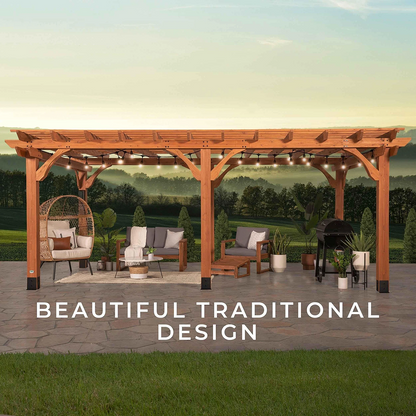 Casavibeo Backyard Discovery 20×12 Beaumont Pergola showing wooden structure with lattice roof and sturdy support beams.
