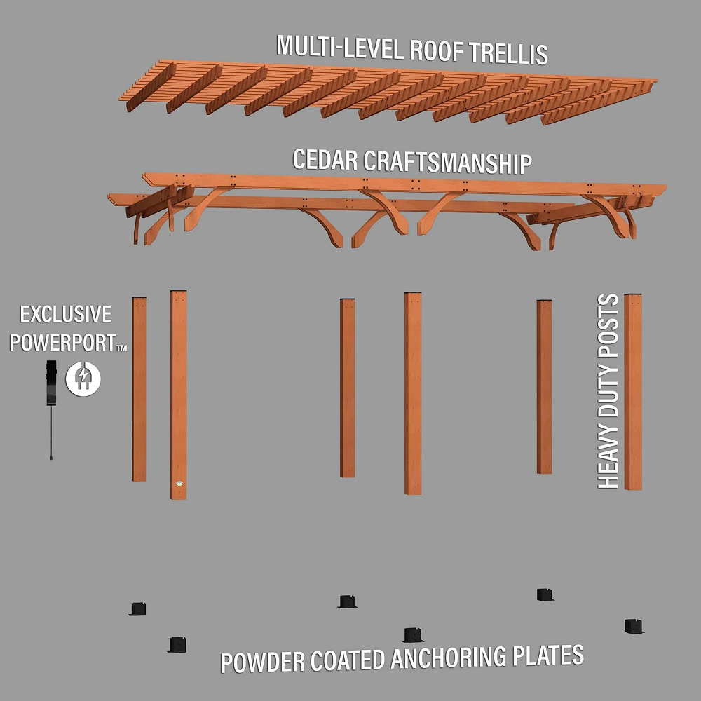 Casavibeo Backyard Discovery 20×12 Beaumont Pergola with wooden beams and open roof, ideal for outdoor shade and stylish backyard decor.