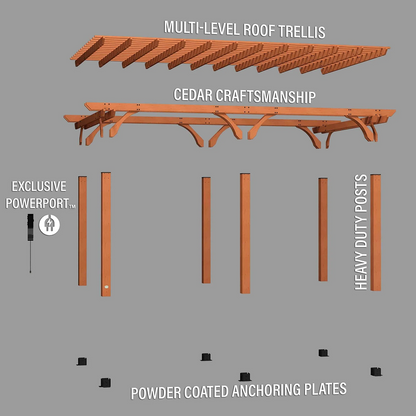 Casavibeo Backyard Discovery 20×12 Beaumont Pergola with wooden beams and open roof, ideal for outdoor shade and stylish backyard decor.
