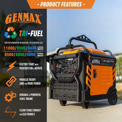 Casavibeo Genmax 11000W portable tri-fuel gas inverter generator with remote start and CO sensor, shown in image-936.
