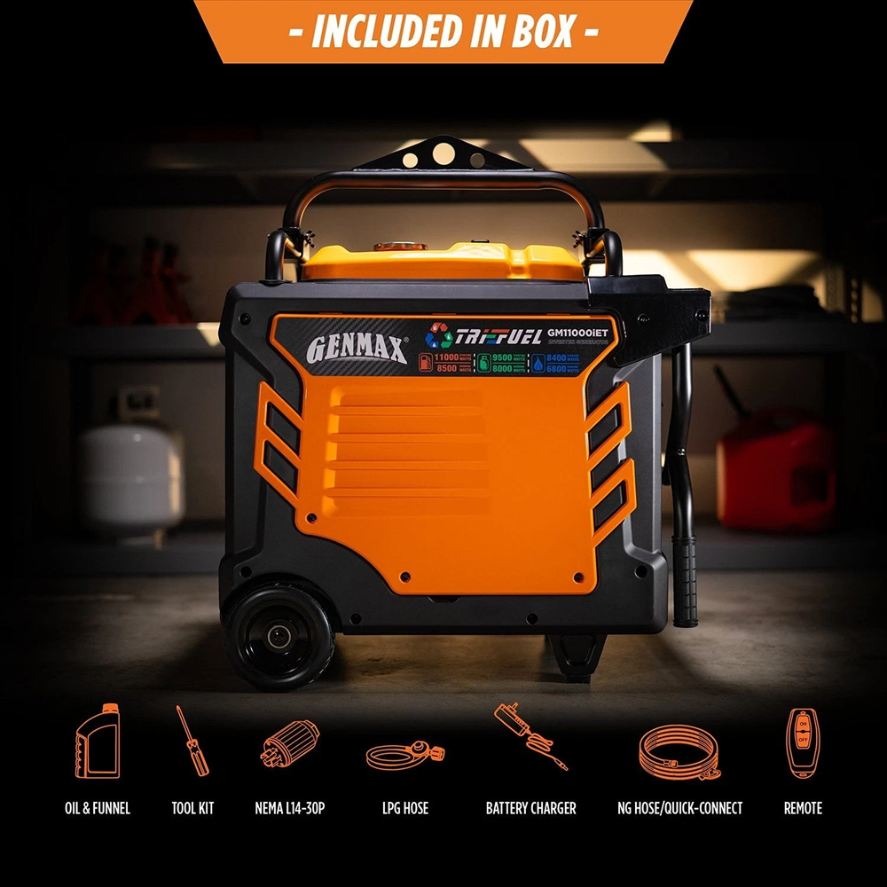 Casavibeo Genmax 11000-W portable tri-fuel gas inverter generator with remote start and CO sensor, shown in an outdoor setting