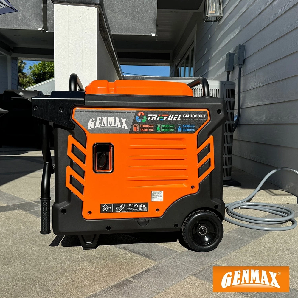 Casavibeo Genmax 11000-W portable tri-fuel gas inverter generator with remote start and CO sensor, shown in the image.
