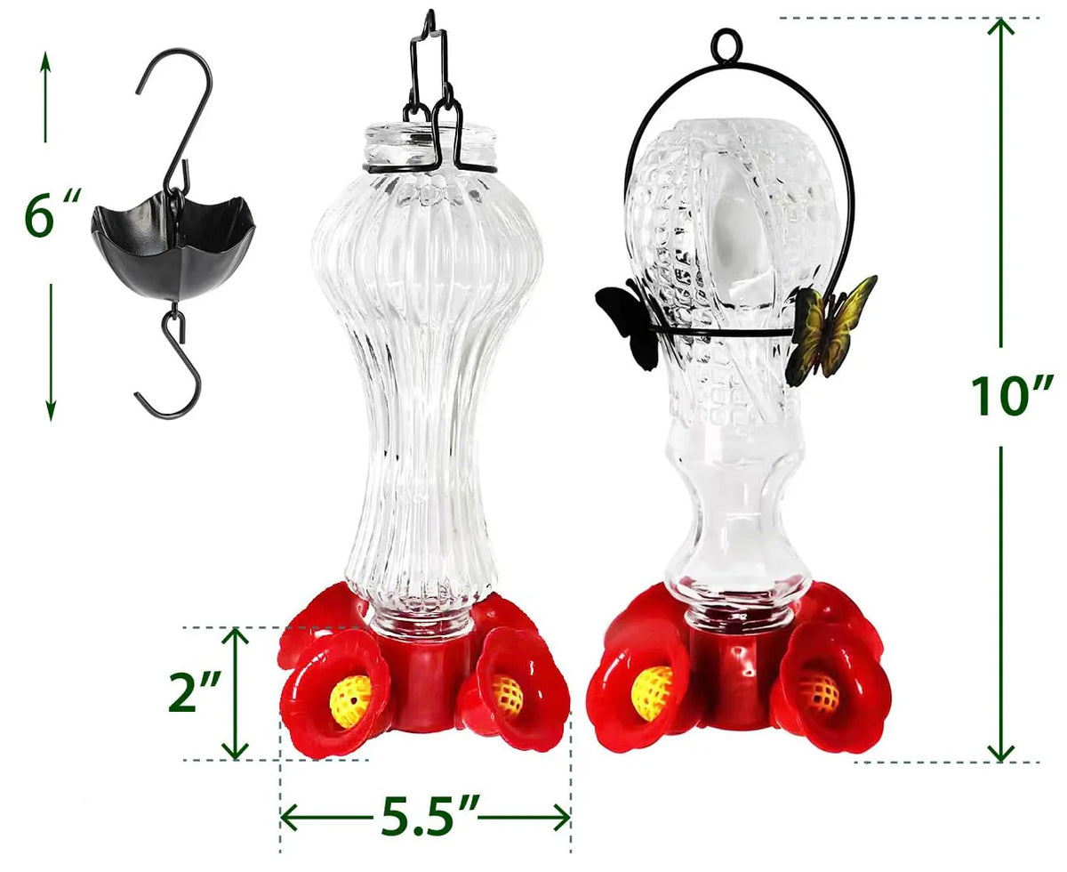 Belro Flowers Glass Hummingbird Feeder with ant moat, decorative garden decor featuring vibrant glass flowers and a bird feeding port