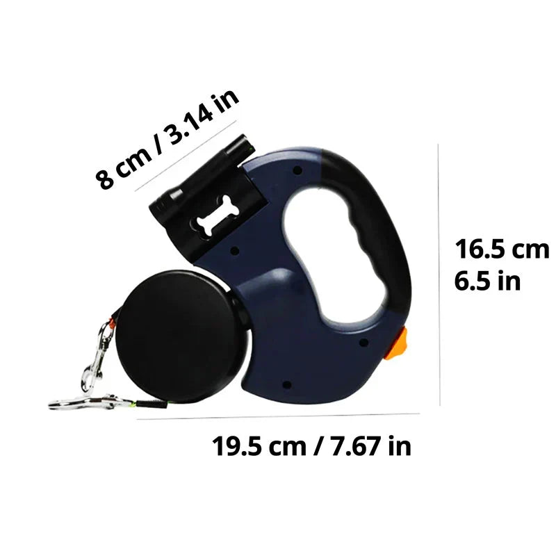 Belro dual dog leash with built-in flashlight and waste bag holder, ideal for nighttime walks with your pets.