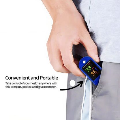 Belro blood oxygen meter displaying digital readout with finger clip sensor for accurate oxygen level measurement.