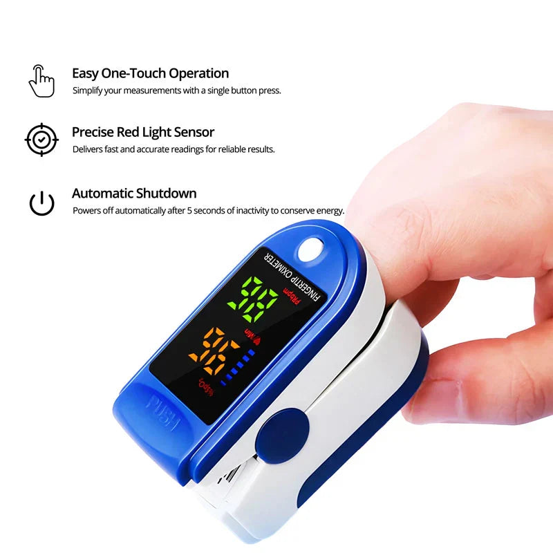 Belro blood oxygen meter showing digital display and finger clip for pulse oximetry measurement in a clean setting.