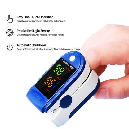 Belro blood oxygen meter showing digital display and finger clip for pulse oximetry measurement in a clean setting.