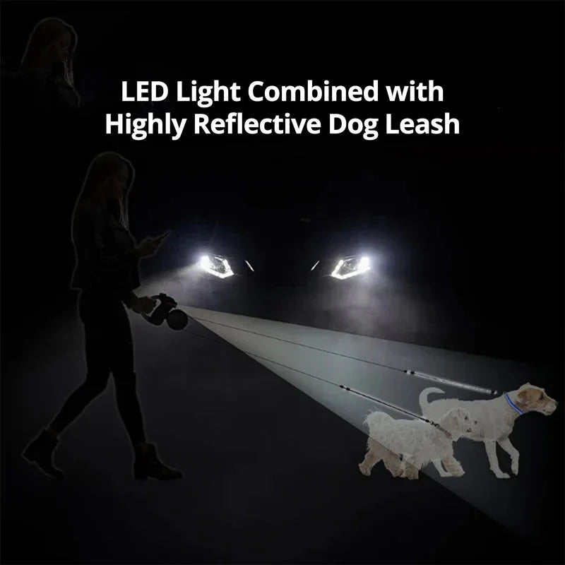 Belro dual dog leash with built-in flashlight and waste bag holder, designed for safe and convenient walks with your dog.