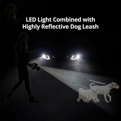 Belro dual dog leash with built-in flashlight and waste bag holder, designed for safe and convenient walks with your dog.