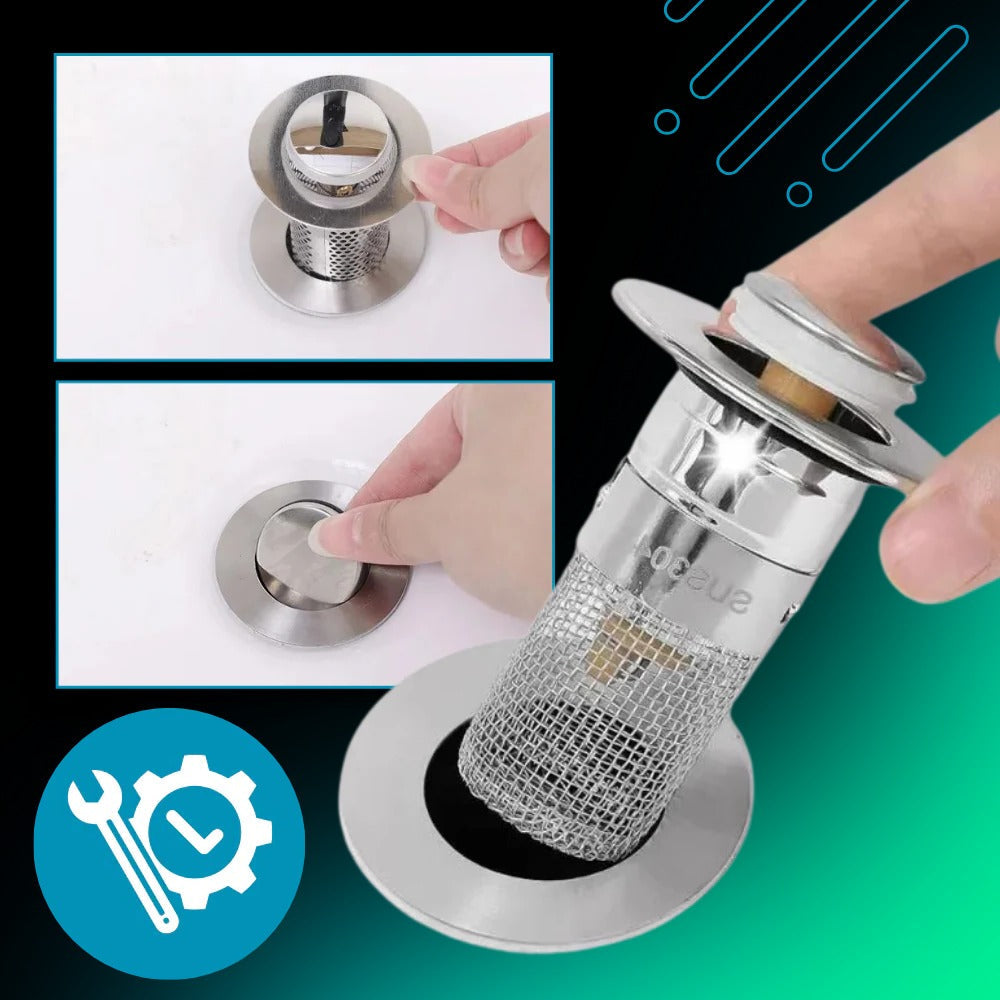 Belro odor isolation pop-up sink stopper installed in bathroom sink, tool and hardware product for odor prevention.