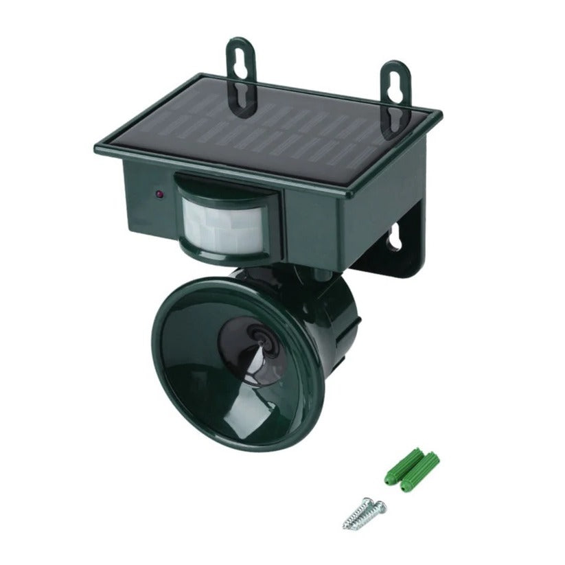 Belro motion sensor bird deterrent for crows, pigeon repeller with sound scare, used for outdoor pest control in garden areas.