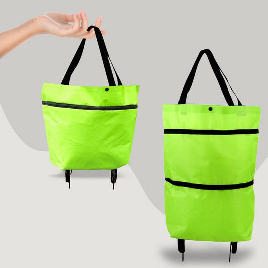 Belro 2-in-1 foldable shopping bag with wheels, compact luggage and versatile carrying solution, black with handle and wheel features.