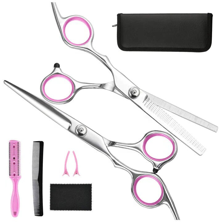 Belro professional haircutting set with scissors, clippers, and combs for hair styling and trimming.
