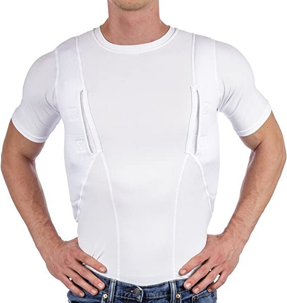 Belro men's and women's concealed leather holster T-shirt featuring automotive-style design and discreet pocket for essentials.