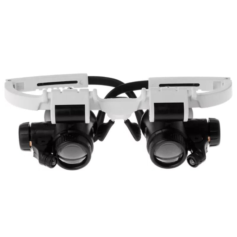 Belro LED glasses magnifier with 8x, 15x, and 23x zoom, showcasing the lightweight optical magnifier in use.
