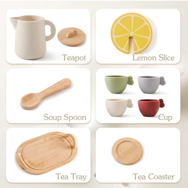 Children’s pretend tea set with tray by Belro, featuring colorful toy cups, teapot, and snacks for imaginative play in kitchen and dining.