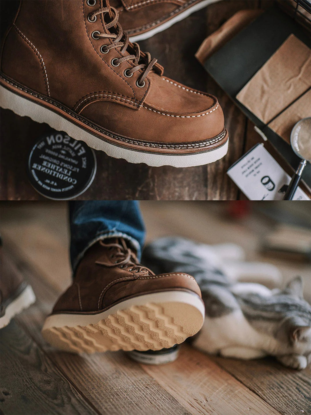 Men's full grain leather moccasin toe work boots by Belro, featuring sturdy construction and rugged leather design.