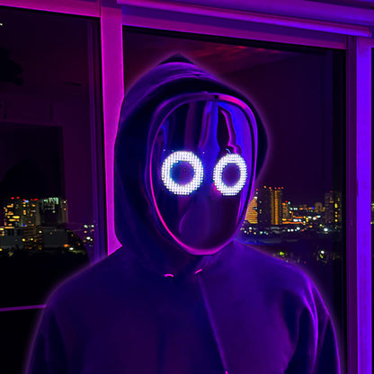 Belro LED smart mask with colorful lights, designed as a costume accessory, showing illuminated features and adjustable straps.